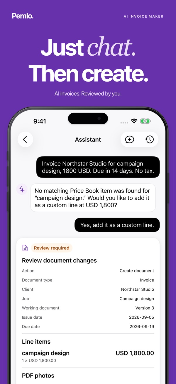 Pemlo Assistant turns job details into an invoice with a review step before creation.