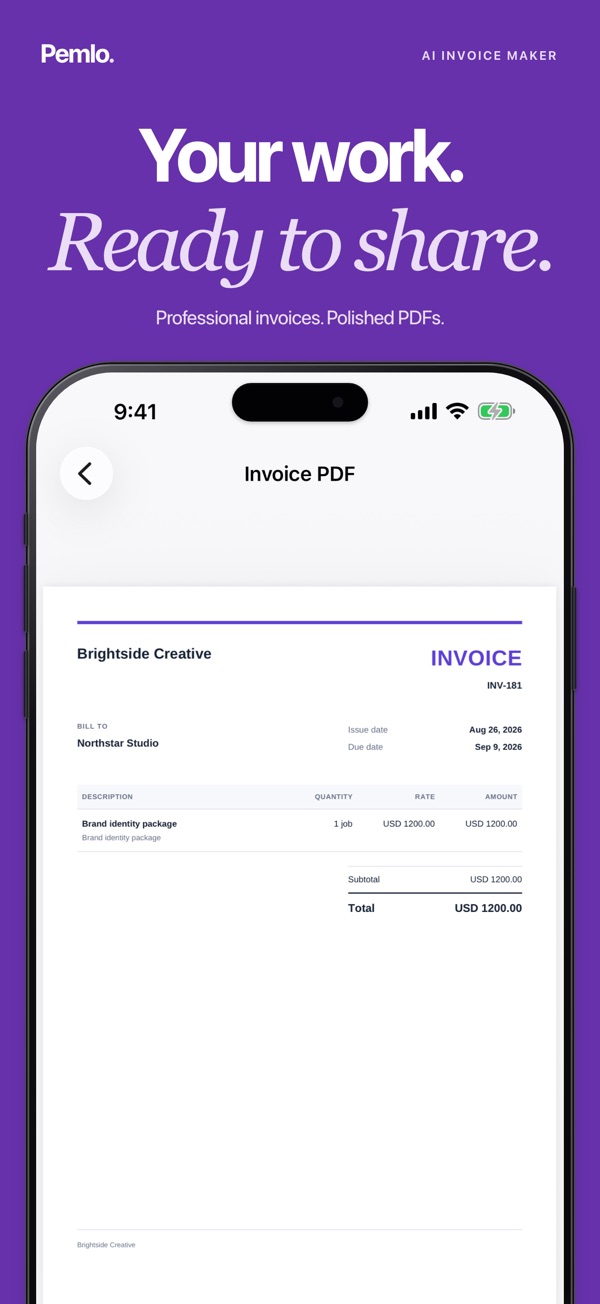 A professional invoice PDF created in Pemlo, ready to share with a customer.